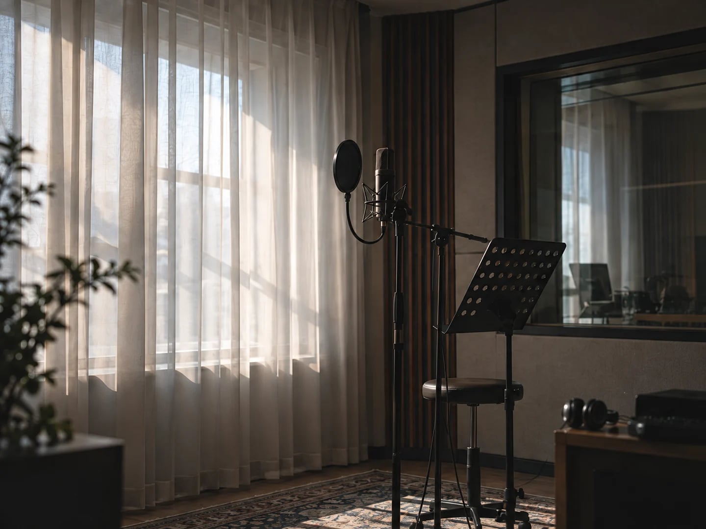 An empty recording studio in soft daylight. Original generated imagery.